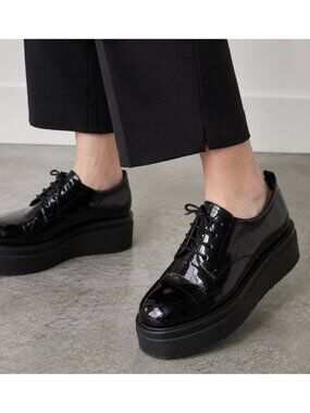 VAGABOND Tara Oxford Derby Lace Up Platform Shoes Black Patent Academia Mod Goth